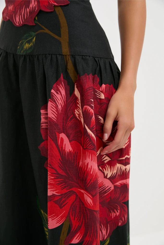 Rosalia Placed Black Artisanal Strapless Midi Dress