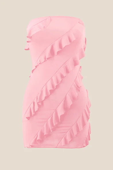Strapless Coral Ruffled Bodycon Short Dress