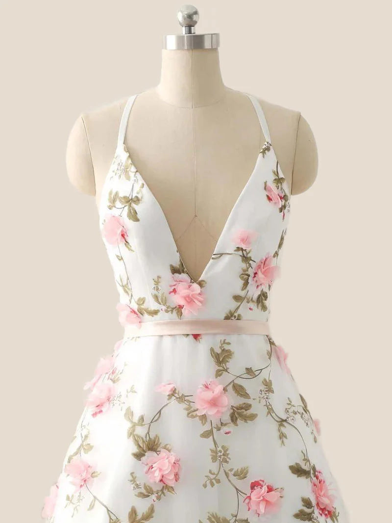 White Straps 3D Floral A-line Long Prom Dress