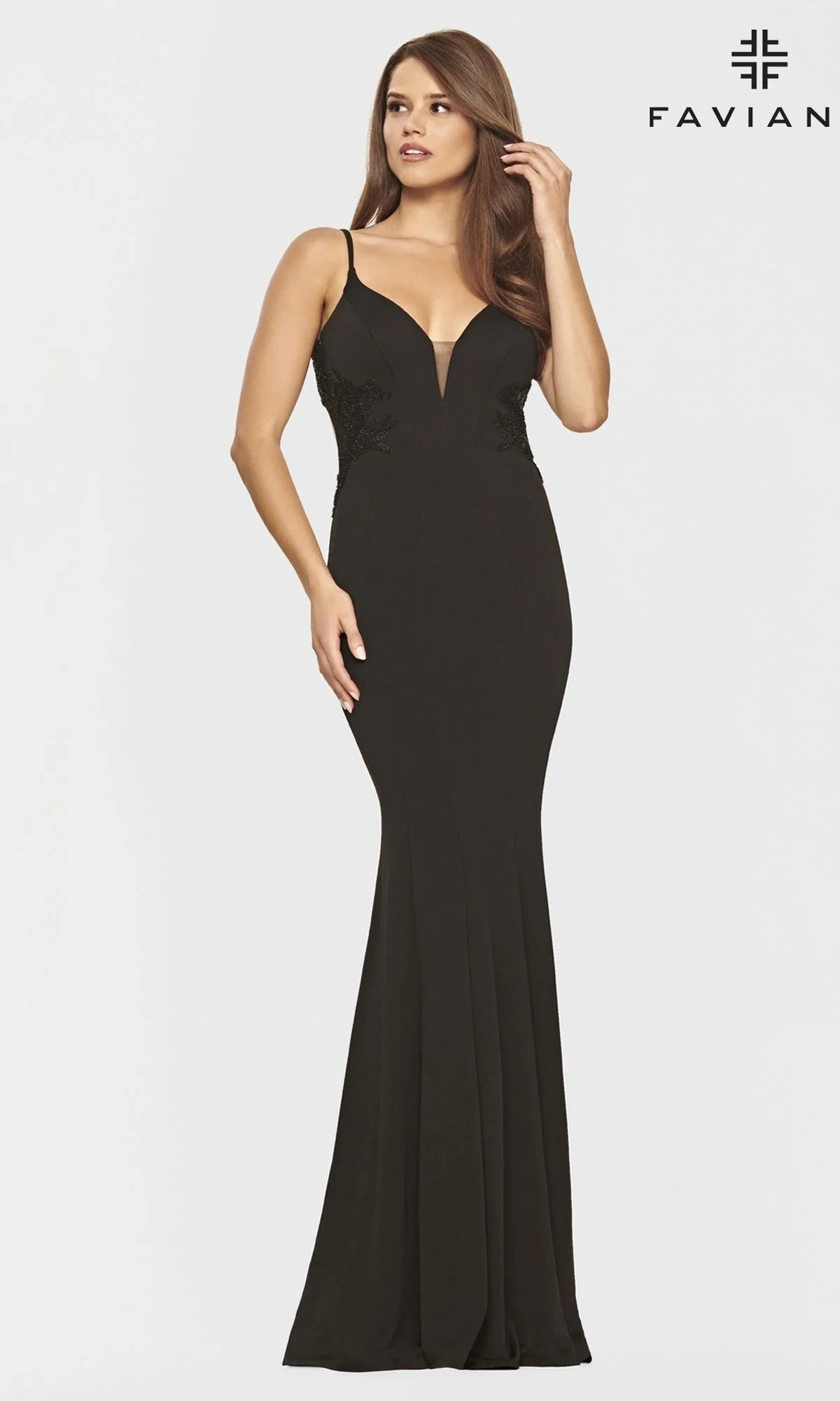 Faviana Gold-Beaded Navy Blue Long Prom Dress