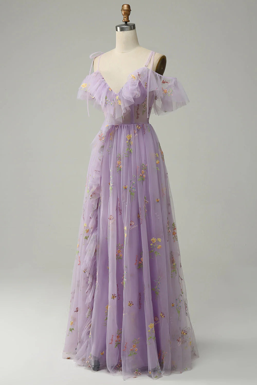 Lavender Floral Ruffles Tulle A-line Long Prom Dress