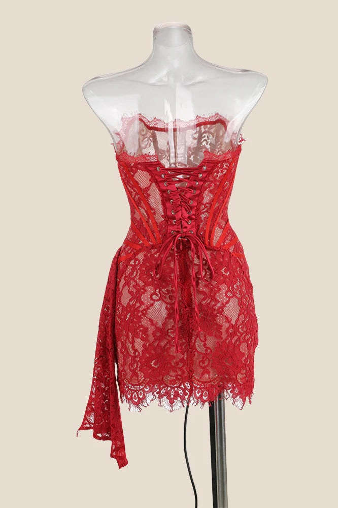 Ivory Tight Lace Short Dress with Train